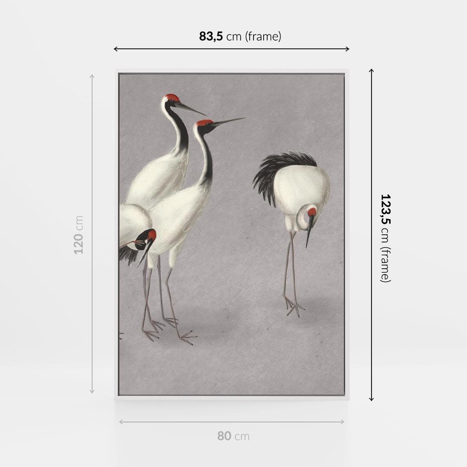 Obraz w ramie 80x120 - Spojrzenie wstecz w pędzlu - szkic rysunek, japońskie żurawie - rama biała