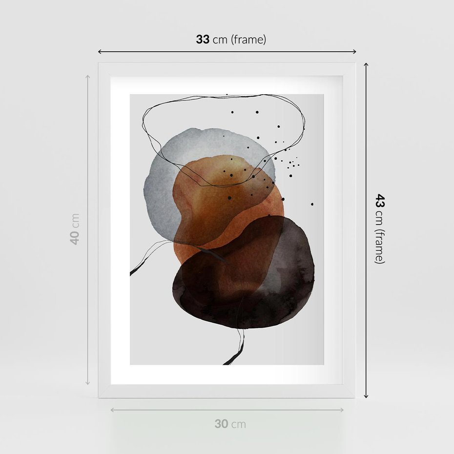 Plakat w ramie 30x40 - Kolorowe Wizje - abstrakcyjne plamy akwarelowe, czarny szkic - rama biała