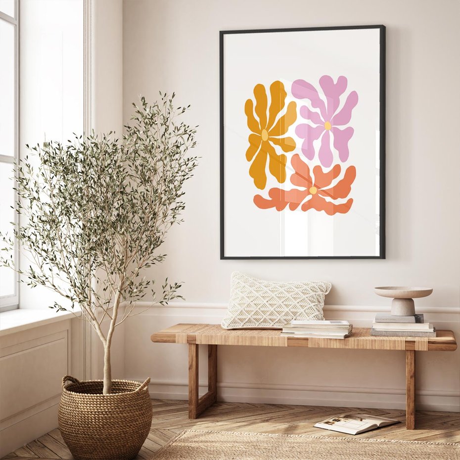 Plakat bez ramy 21x30 - Rozbijające Refleksje - abstrakcyjne kolorowe kwiaty, minimlizm