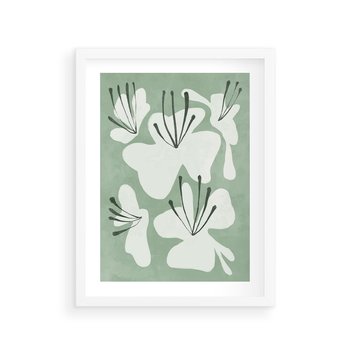 Plakat w ramie 50x70 - Rozkwitające Ukojenie - zgaszona zieleń, kwiaty - rama biała