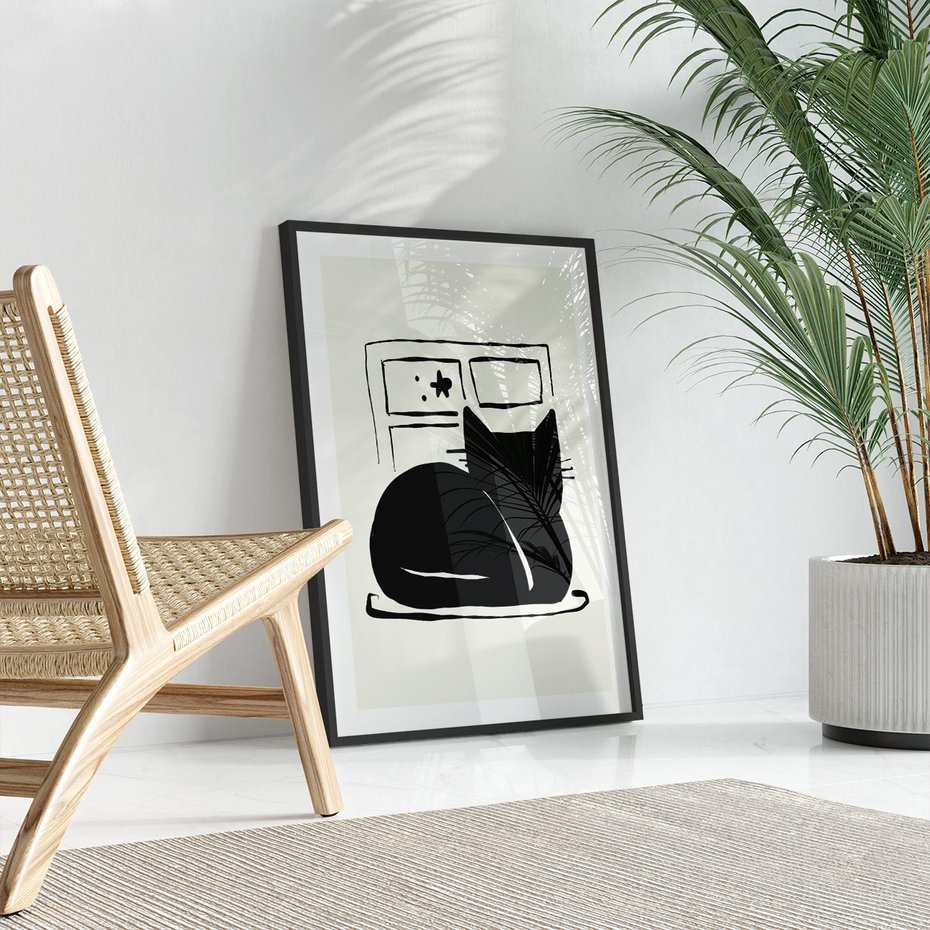 Plakat w ramie 30x40 - Czarny Kot: Prosta Elegancja - grafika, minimalizm - rama czarna