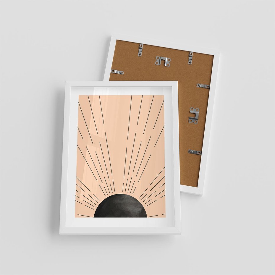 Plakat w ramie 30x40 - Migocące Kształty Promieni - boho czarne słońce, nowoczesna grafika - rama biała