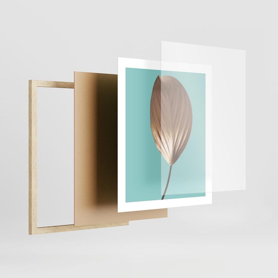 Plakat w ramie 40x50 - Delikatna Harmonia - złote, liście - rama drewno