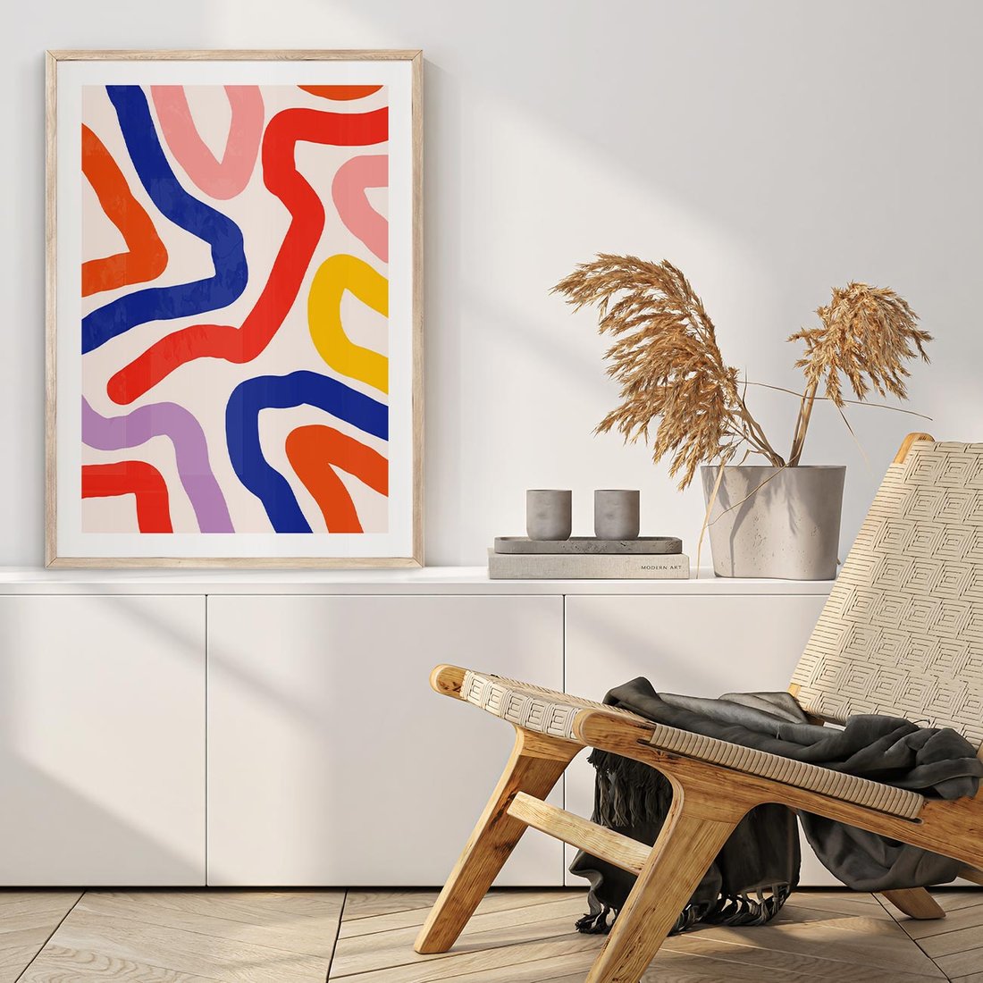 Plakat w ramie 40x50 - Intrygujące Widzenia - abstrakcyjny kolorowy obraz, kolorowe linie - rama drewno