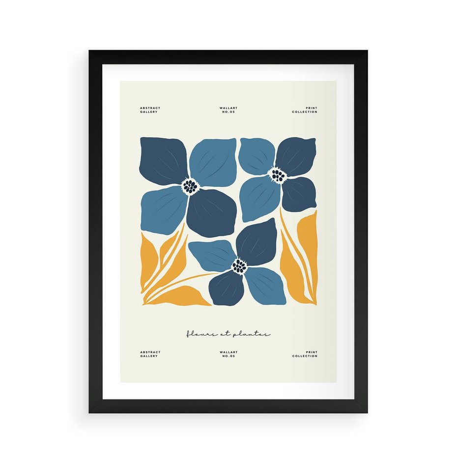 Plakat w ramie 50x70 - Błękitne Nowości - niebieskie kwiaty, nowoczesna sztuka - rama czarna