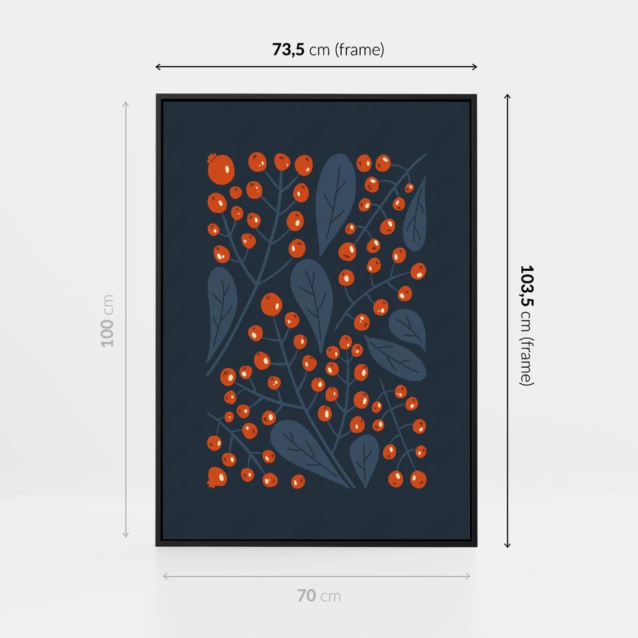 Obraz w ramie 70x100 - Symfonia liści i owoców - granatowe tło, pomarańczowe owoce jarzębiny - rama czarna
