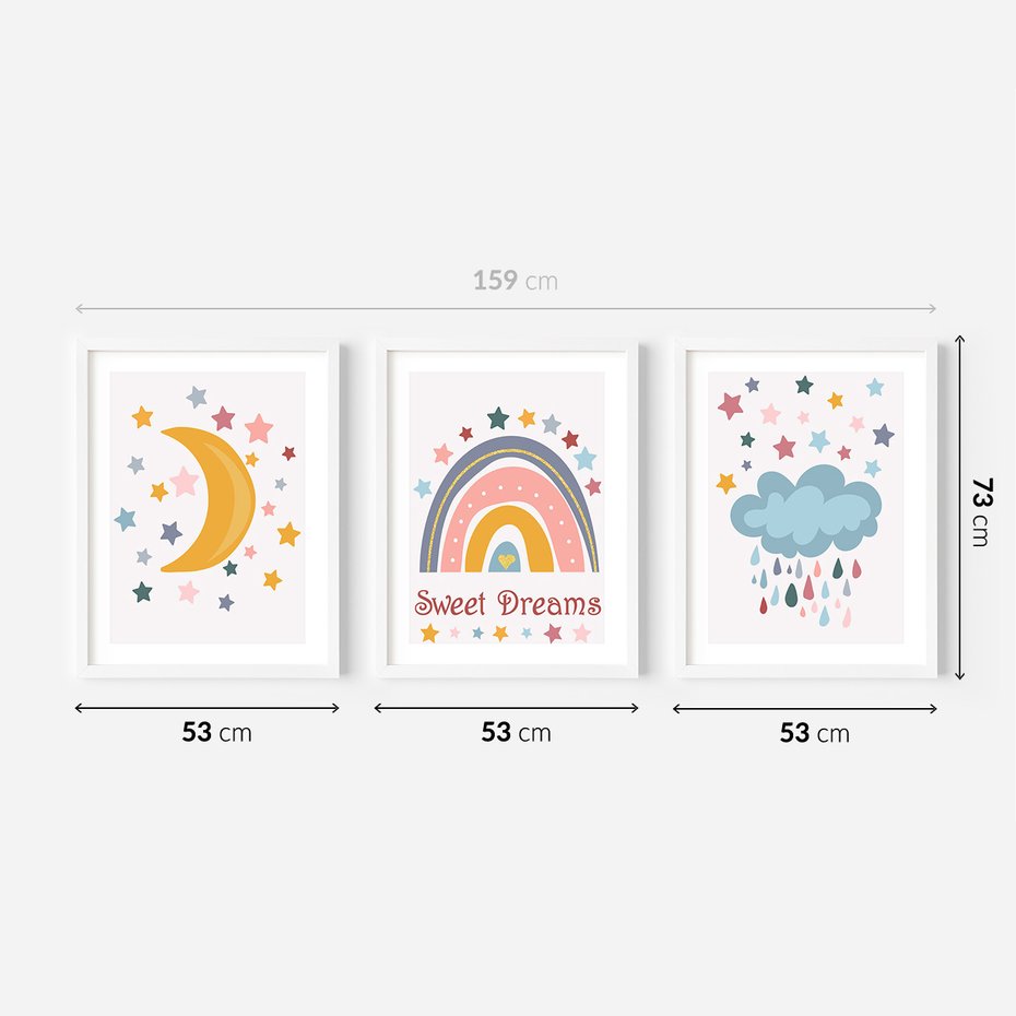 Zestaw obrazy w ramie 50x70 galeria - Plakaty, dla, dzieci, tęcza - rama biała
