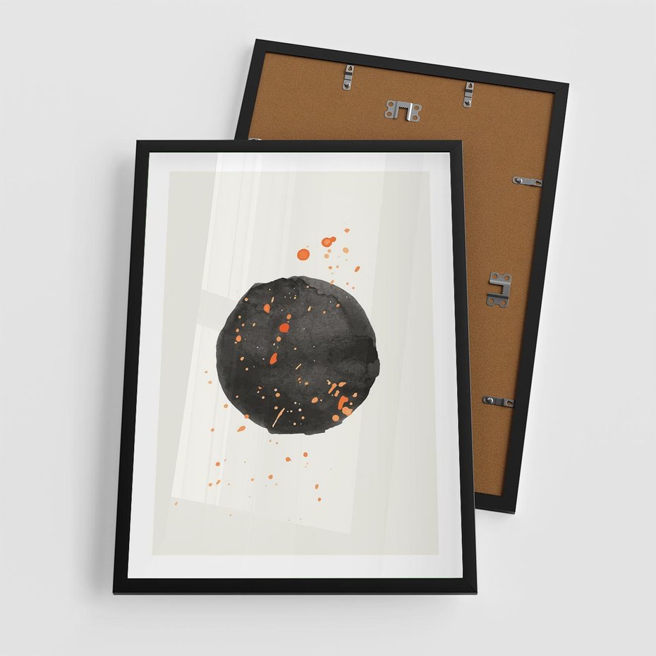 Plakat w ramie 50x70 - Wibracje Kolorów - abstrakcyjna czarna plama, rozsiane pomarańczowe kropki - rama czarna