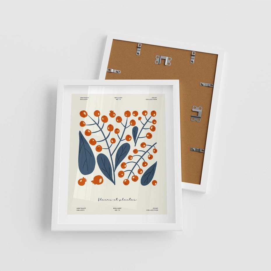 Plakat w ramie 40x50 - Minimalistyczna Uroda Jarzębin - jarzębiny, niebieskie liście - rama biała