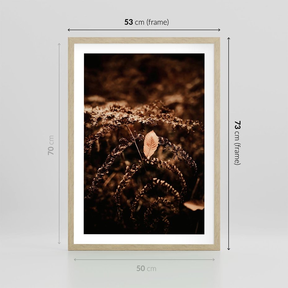 Plakat w ramie 50x70 - Gałęzie i Liść w Brązowej Tonacji - suche gałęzie, liść - rama drewno