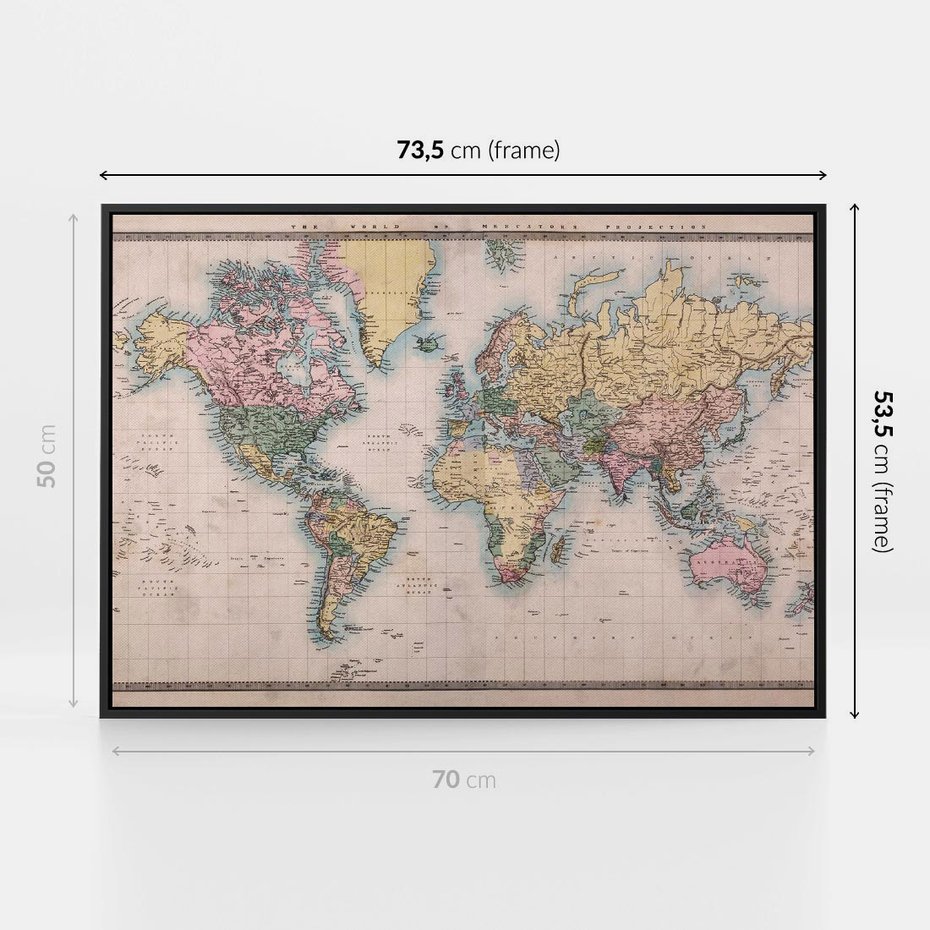 Obraz w ramie 70x50 - Światło Przeszłości - retro mapa świata, mapa - rama czarna