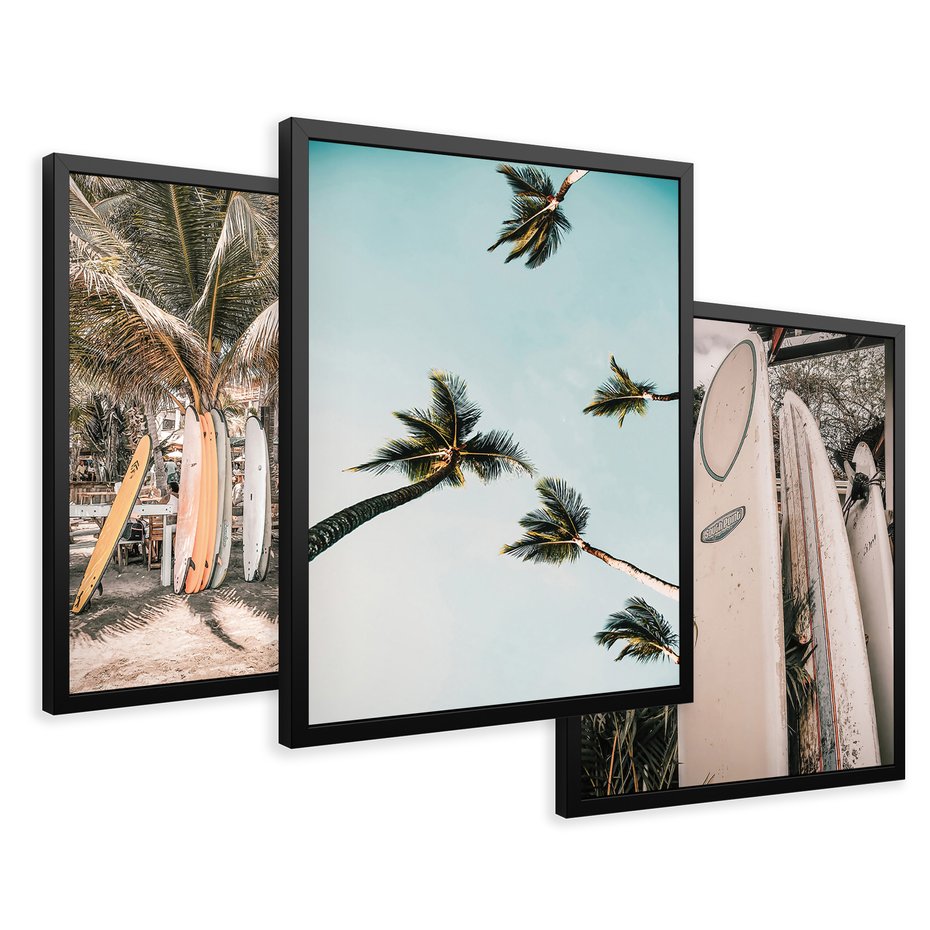 Zestaw obrazy w ramie 30x40 galeria - Surfing, palmy, wakacje - rama czarna