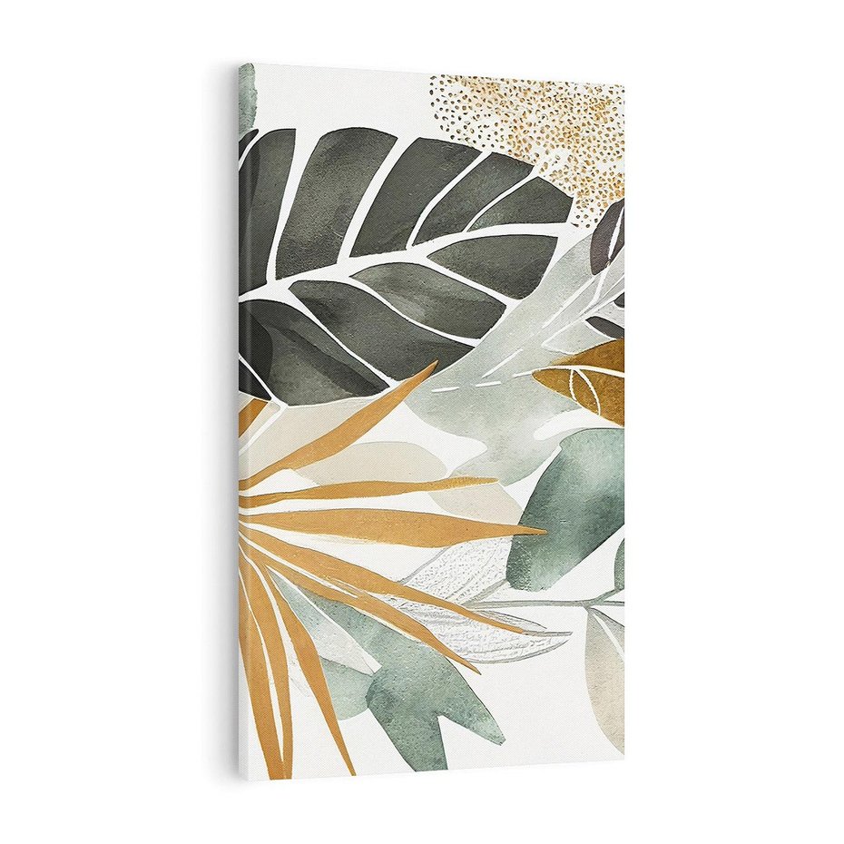 Obraz na płótnie 70x100 - Współbrzmienie wewnętrznego ja - kompozycja z tropikalnych liści, stonowane kolory