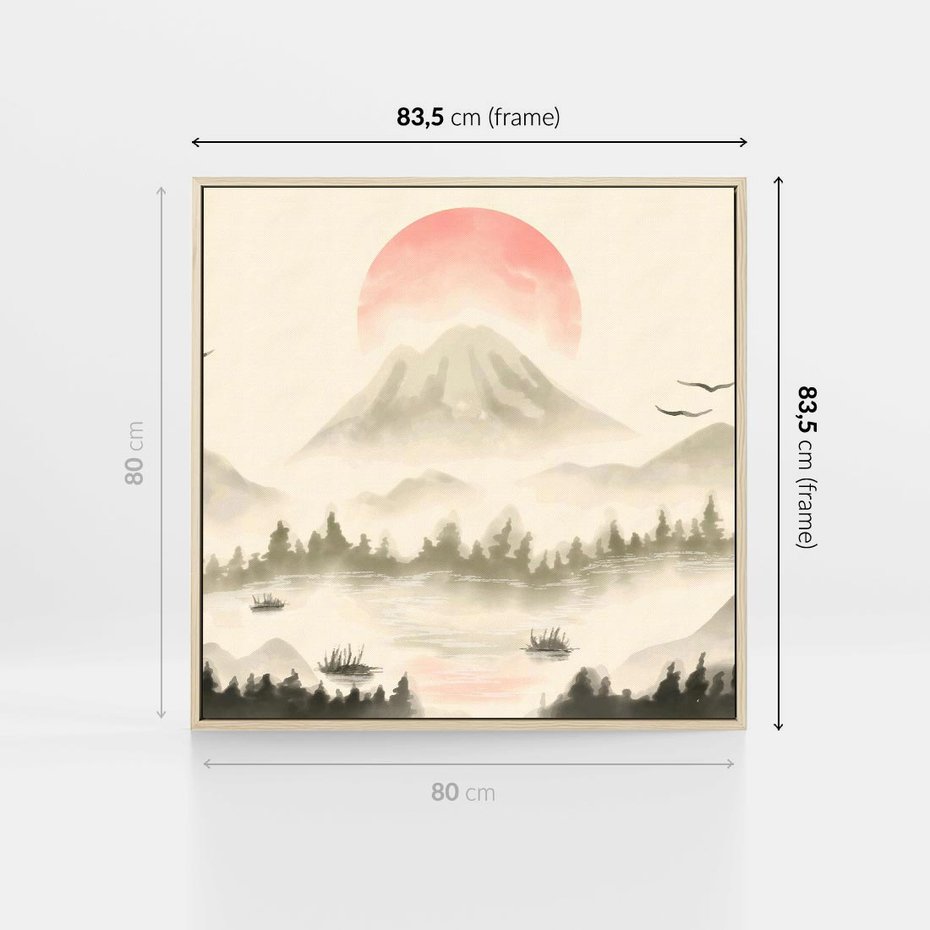 Obraz w ramie 80x80 - Przyroda Japonii - japońska akwarela, góry - rama drewno