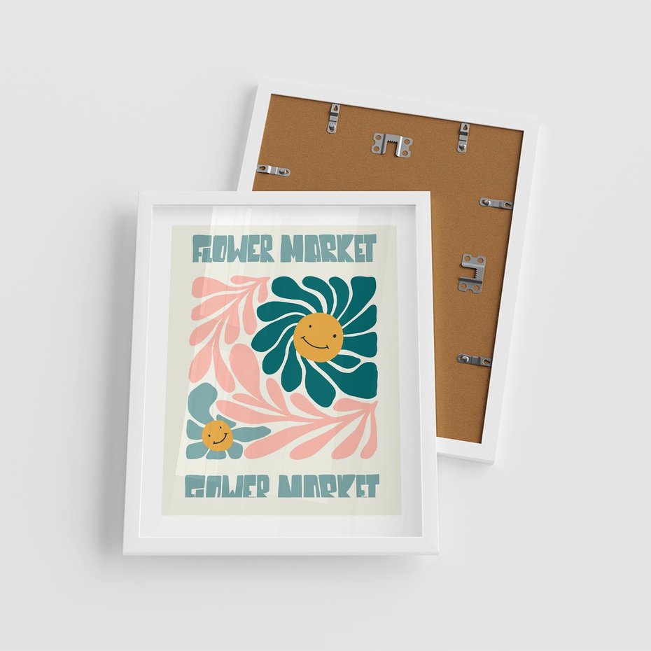 Plakat w ramie 40x50 - Harmonia płatków kwiatów - kwiatowa retro kompozycja, pastelowe kolory - rama biała