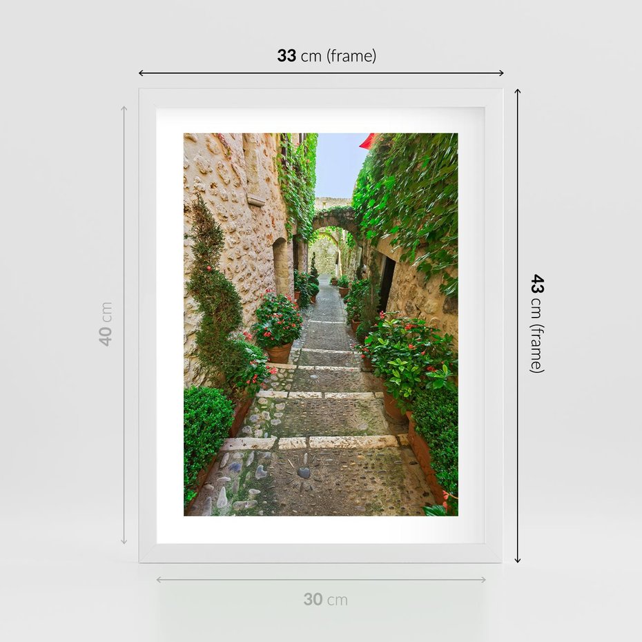 Plakat w ramie 30x40 - Magiczna podróż w głąb miasta - uliczka, perspektywa - rama biała