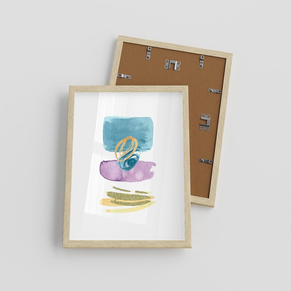 Plakat w ramie 30x40 - Taniec Akwarelowych Kresek - akwarelowe plamy w odcieniach błękitu, złote kreski - rama drewno