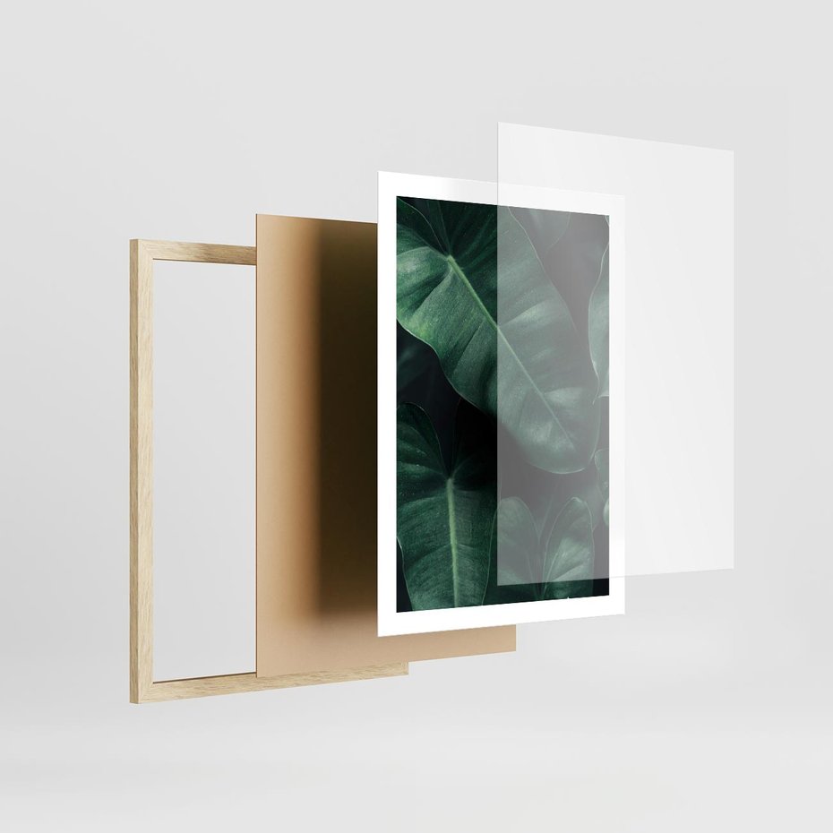 Plakat w ramie 50x70 - Liście Bananowca - minimalizm, zielone liście bananowca - rama drewno