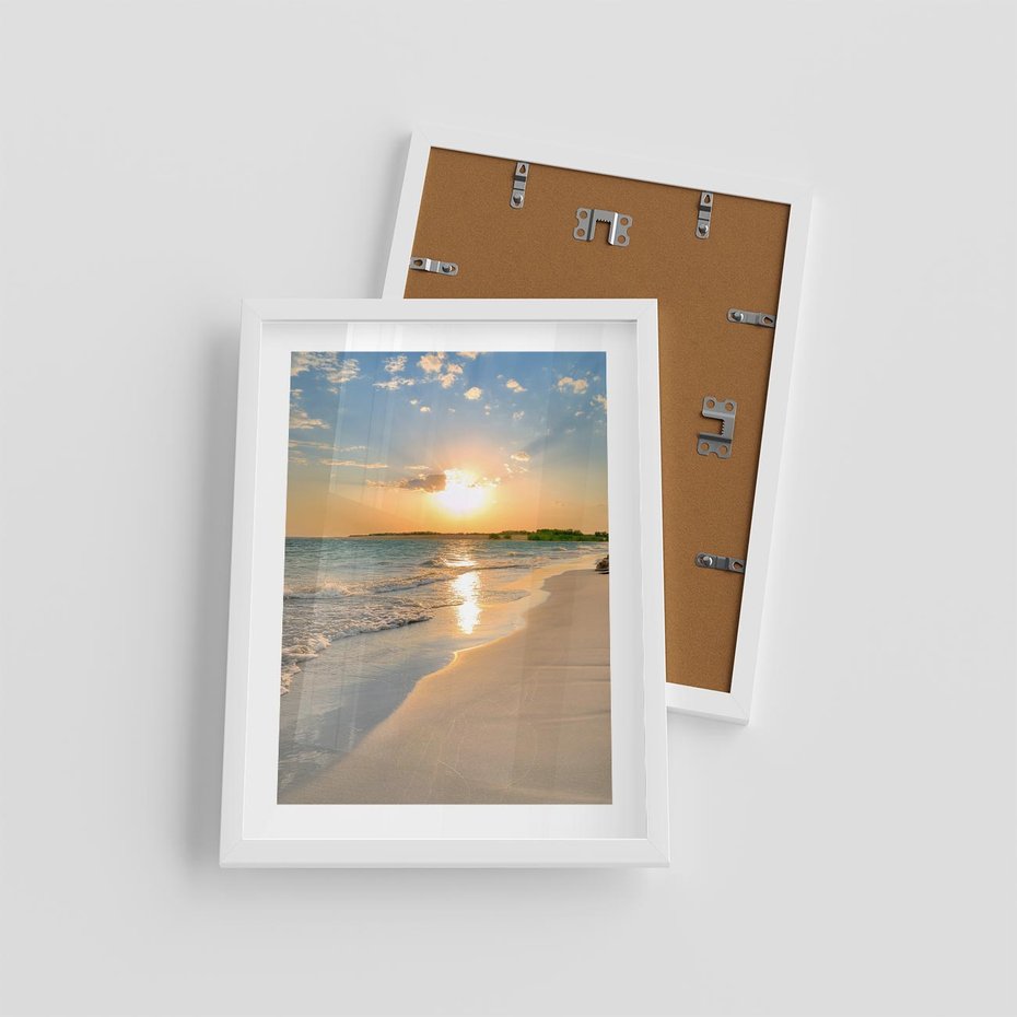 Plakat w ramie 30x40 - Zachód słońca na plaży - plaża, zachód - rama biała