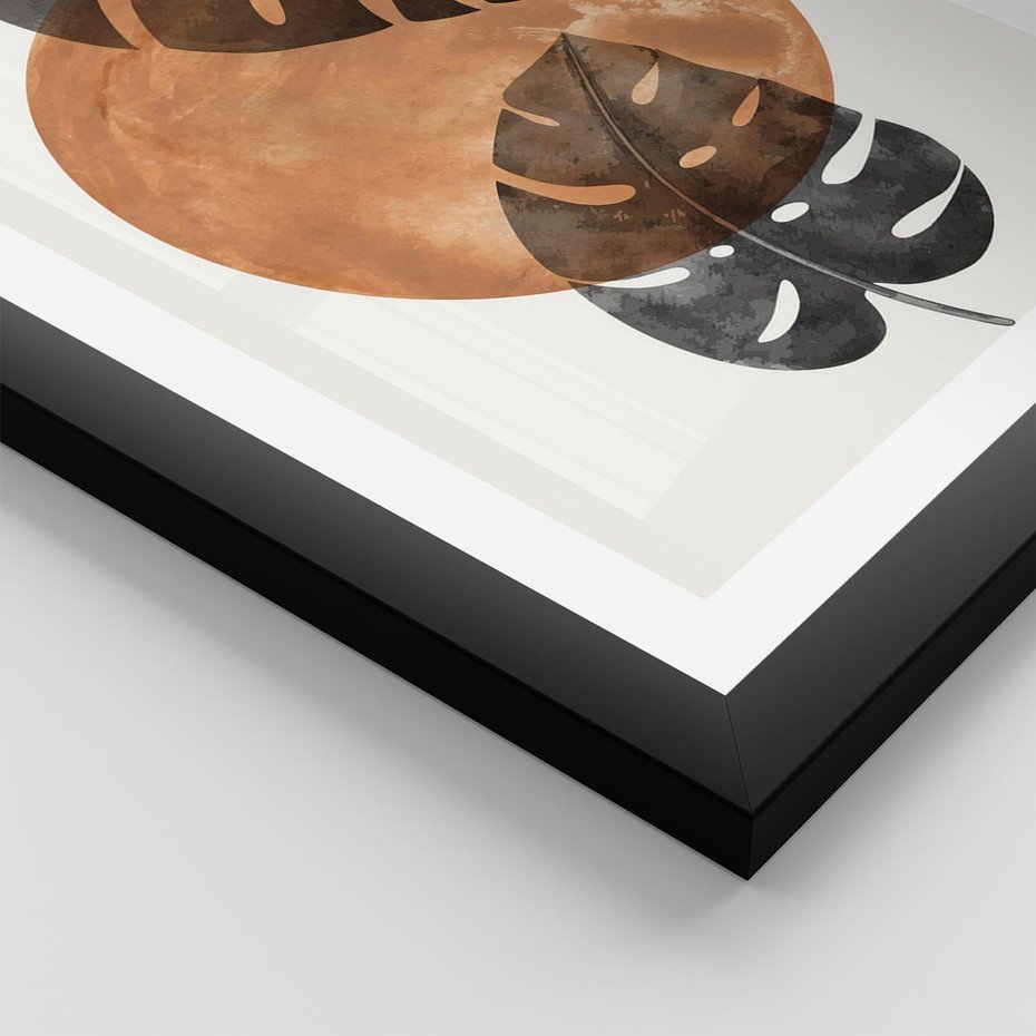 Plakat w ramie 40x50 - Elegancja w Detalach: Miedziane Koło z Monsterą - grafika, miedziane koło - rama czarna