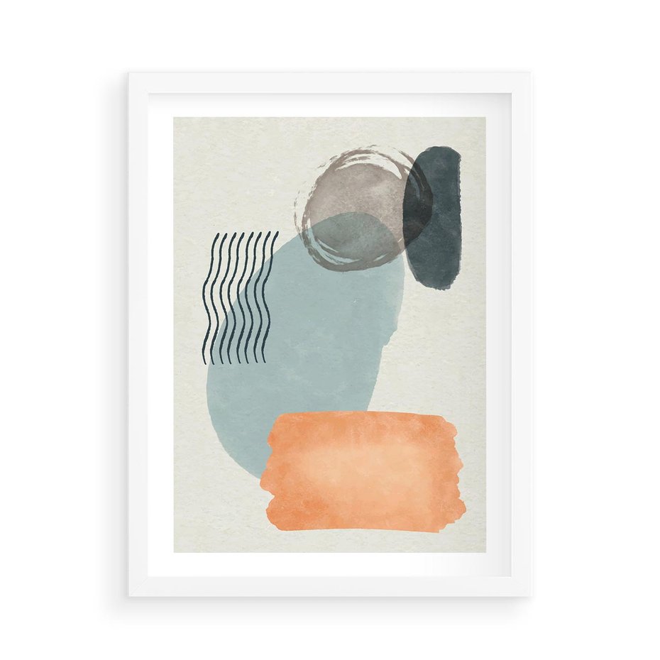 Plakat w ramie 50x70 - Kształtujące Plamy - geometryczne elementy, stonowane ziemiste kolory - rama biała