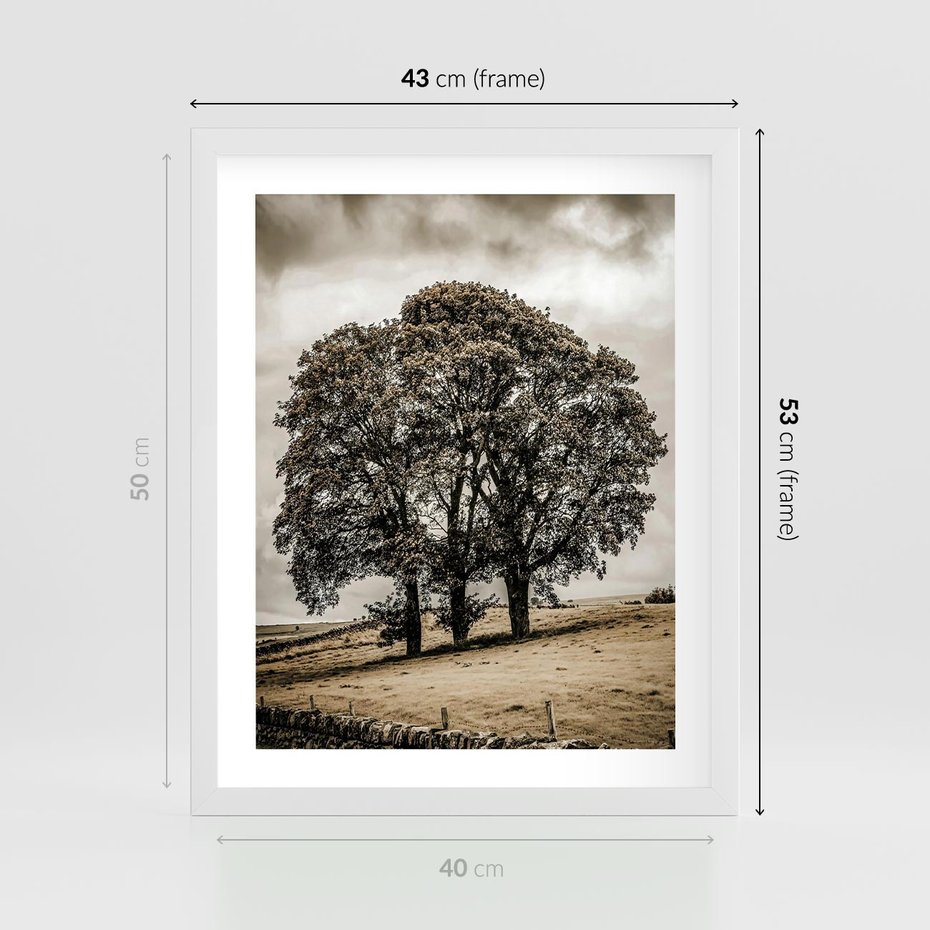 Plakat w ramie 40x50 - Spokojna Osamotniona Chwila - beżowe kolory, samotne drzewo na polu - rama biała