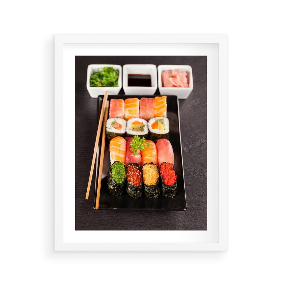 Plakat w ramie 40x50 - Kulinarne podróże do Japonii - sushi, japonia - rama biała