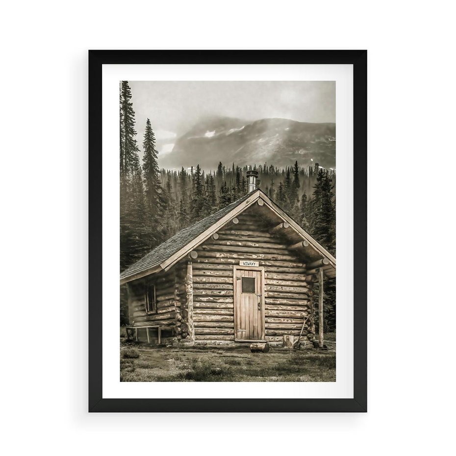Plakat w ramie 50x70 - Urok Drewnianej Chatki w Górach - chatka w górach, drewniany domek - rama czarna