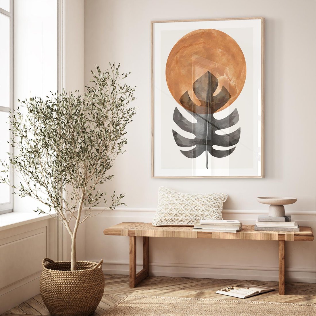 Plakat w ramie 30x40 - Natura a Sztuka - liść monstery, czarna grafika - rama drewno