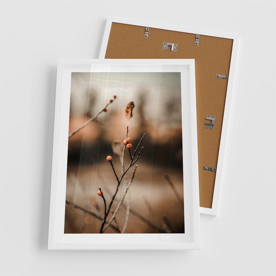 Plakat w ramie 50x70 - Jarzębina w Pejzażu - jesień, gałązka - rama biała