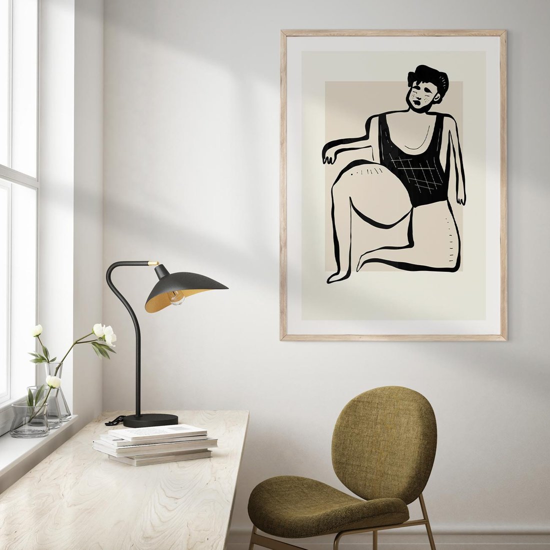 Plakat w ramie 50x70 - Szkic Kobiety w Czerni i Bieli - grafika, modern - rama drewno