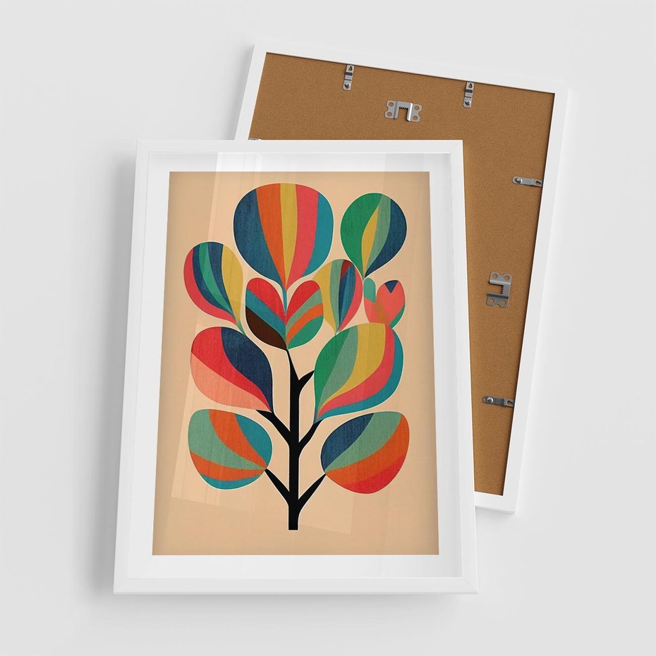 Plakat w ramie 50x70 - Harmonia Rozplątanych Form - abstrakcyjny kolorowy tęczowy obraz, inspiracje roślinne - rama biała