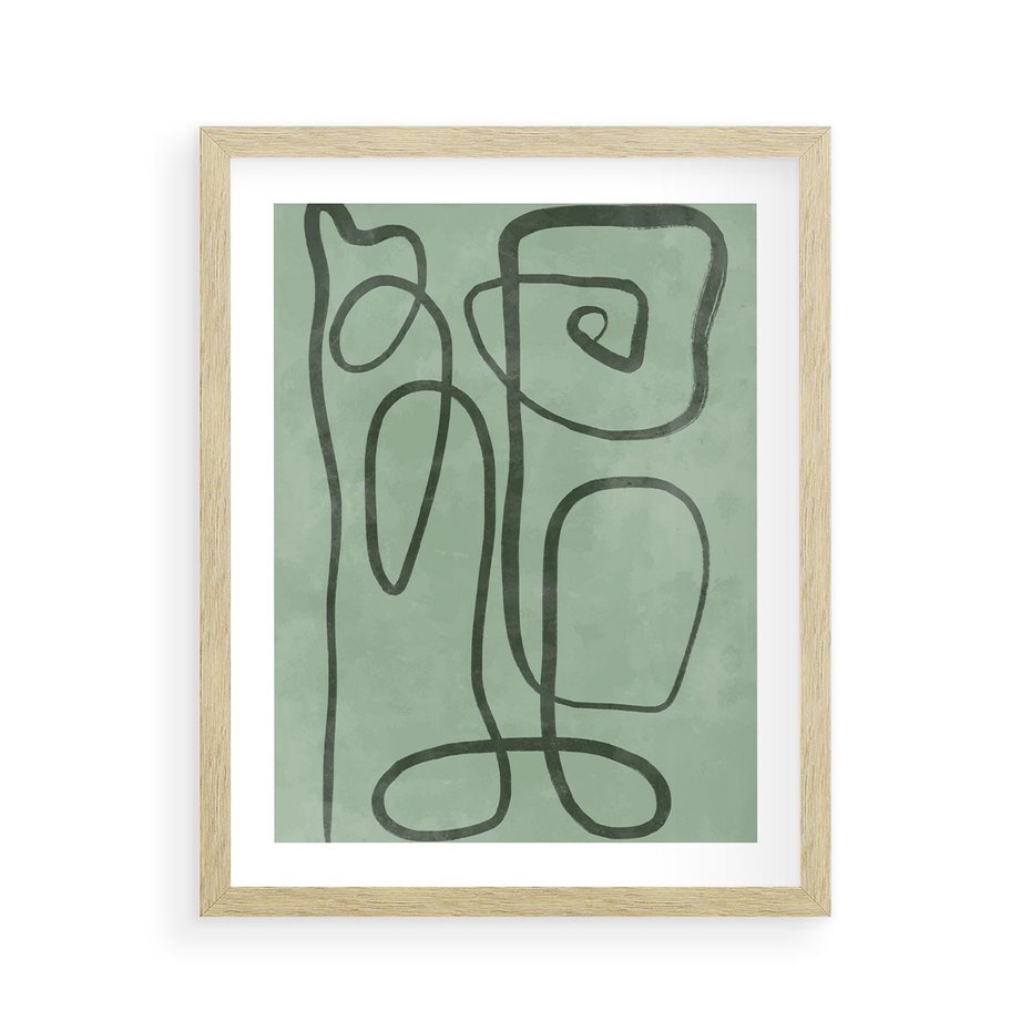 Plakat w ramie 40x50 - Zielone Wariacje w Liniach - abstrakcyjne zielone linie, skandynawski design - rama drewno