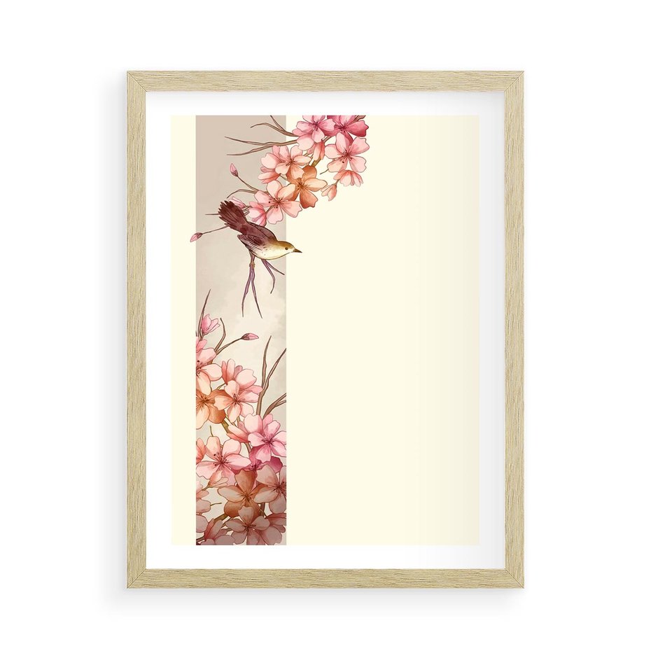 Plakat w ramie 50x70 - Rozkwitające Marzenia - japońska sztuka, ptak - rama drewno