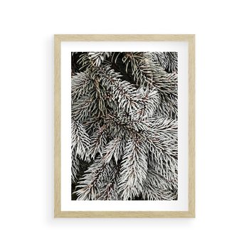 Plakat w ramie 30x40 - Cisza Zimowej Natury - zima, iglaste gałązki - rama drewno