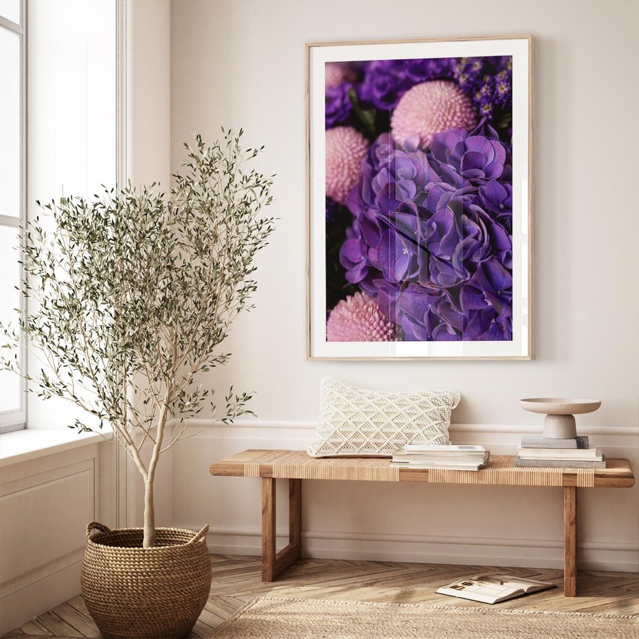 Plakat w ramie 30x40 - Fioletowa hortensja - kwiaty, hortensja - rama drewno