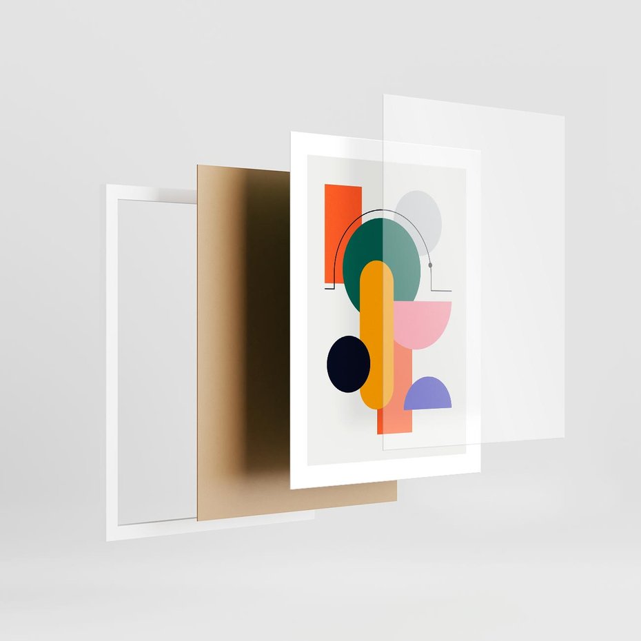 Plakat w ramie 30x40 - Harmonijne Przenikanie Form - nowoczesna sztuka, geometryczna kolorowa grafika - rama biała