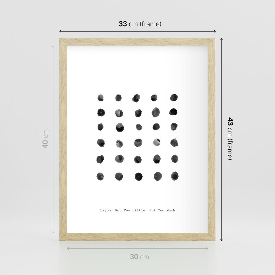 Plakat w ramie 30x40 - Boho Sztuka Wolości - minimalistyczny plakat, czarne kropki na białymtle - rama drewno