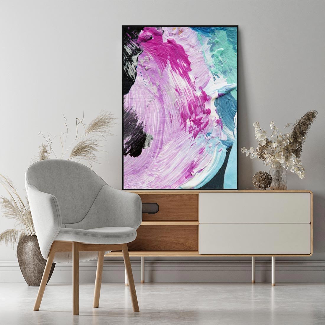 Obraz w ramie 70x100 - Kolorowy rój wyobraźni - rozlane kolorowe farby olejne, abstrakcja - rama czarna