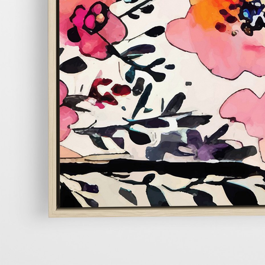 Obraz w ramie 70x100 - Opowieść w kroplach farb - akwarelowe kwiaty, mocna ornamentowa czarna ramka namalowana dookoła obrazu - rama drewno