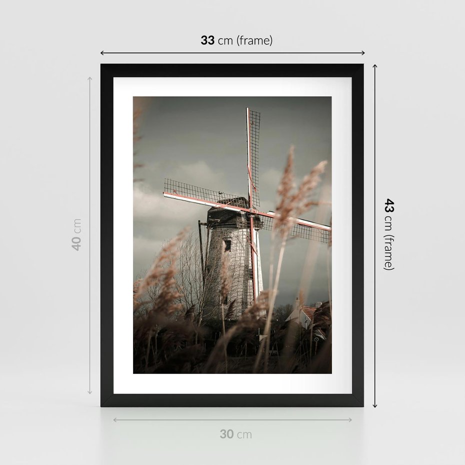 Plakat w ramie 30x40 - Wiejska Idylla: Młyn w Polu - wiatrak, młyn w polu - rama czarna