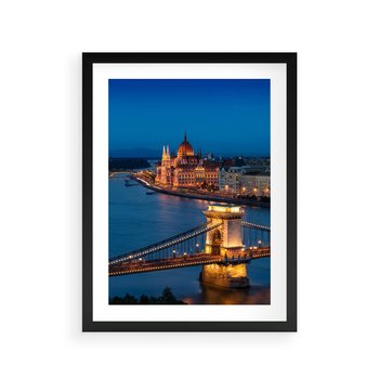 Plakat w ramie 50x70 - Mostowe miasto nocą - miasto, most - rama czarna