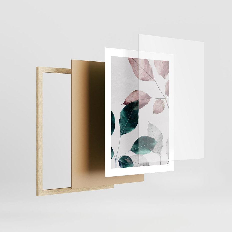 Plakat w ramie 30x40 - Pastelowe Liście w Minimalizmie - pastelowe liście, minimalistyczny obraz - rama drewno