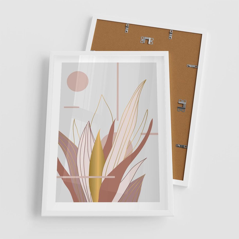 Plakat w ramie 50x70 - Złota Grafika Liści: Wyjątkowa Dekoracja - liście, złoto - rama biała