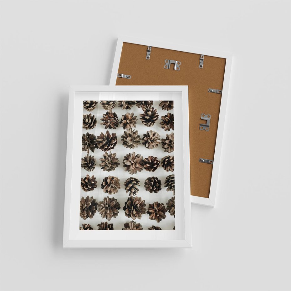 Plakat w ramie 30x40 - Jesienna Tekstura - kompozycja z suchych szyszek, jesienne szyszki - rama biała