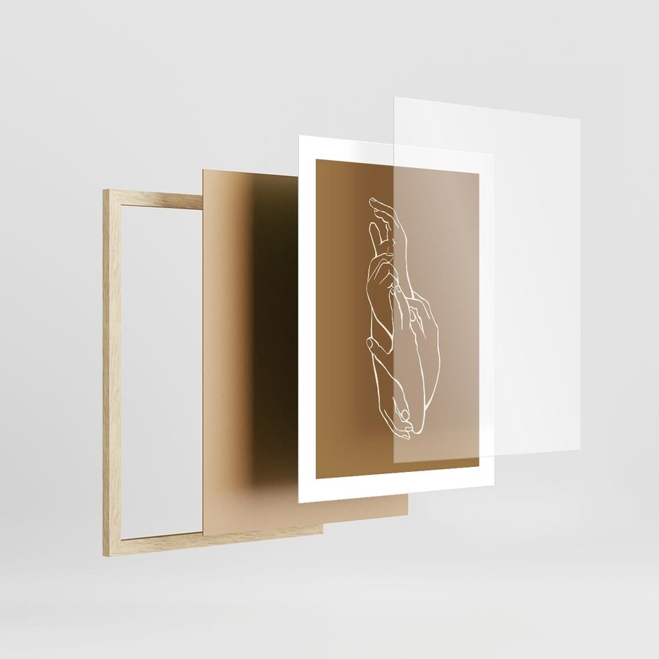 Plakat w ramie 30x40 - Splecione Dłonie - szkic, minimalizm - rama drewno