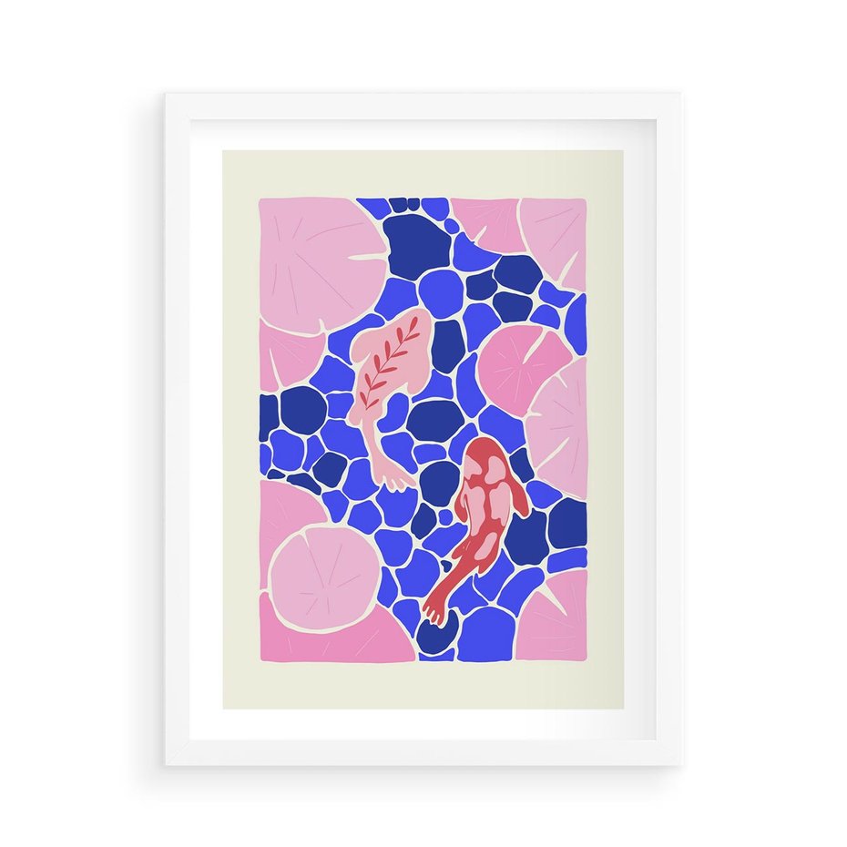 Plakat w ramie 50x70 - Rzeka Abstrakcji - abstrakcyjna kompozycja, różowe ryby wśród rafy - rama biała