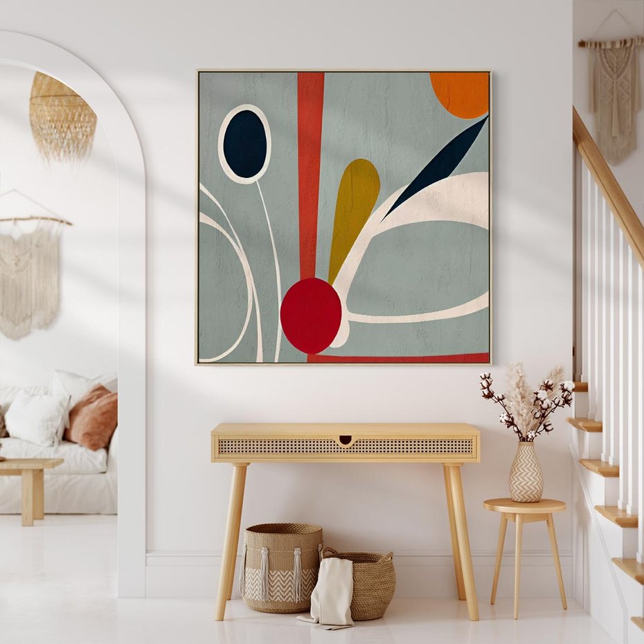 Obraz w ramie 50x50 - Harmonia Kolorowych Impulsów - abstrakcyjny obraz olejny, dziwne formy - rama drewno