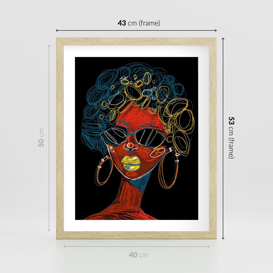 Plakat w ramie 40x50 - Kolorowe Wibracje Rzeczywistości - abstrakcyjny portret kobiety, twarz - rama drewno