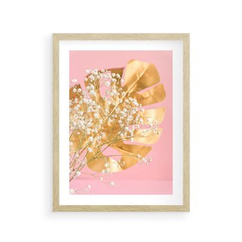 Plakat w ramie 40x50 - : Elegancja w Złocie - złote, liście - rama drewno